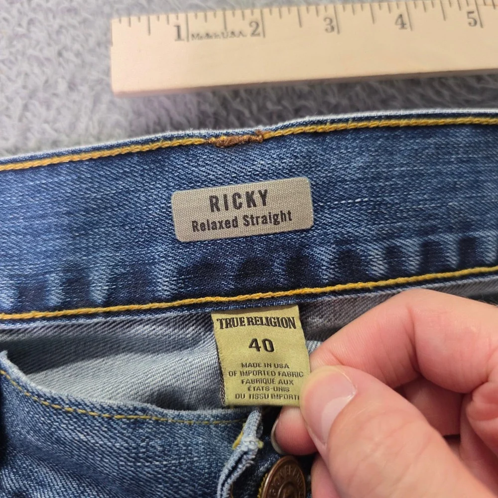True Religion Mens 40 Ricky Relaxed Straight Jeans Blue Horseshoe Flap Pocket